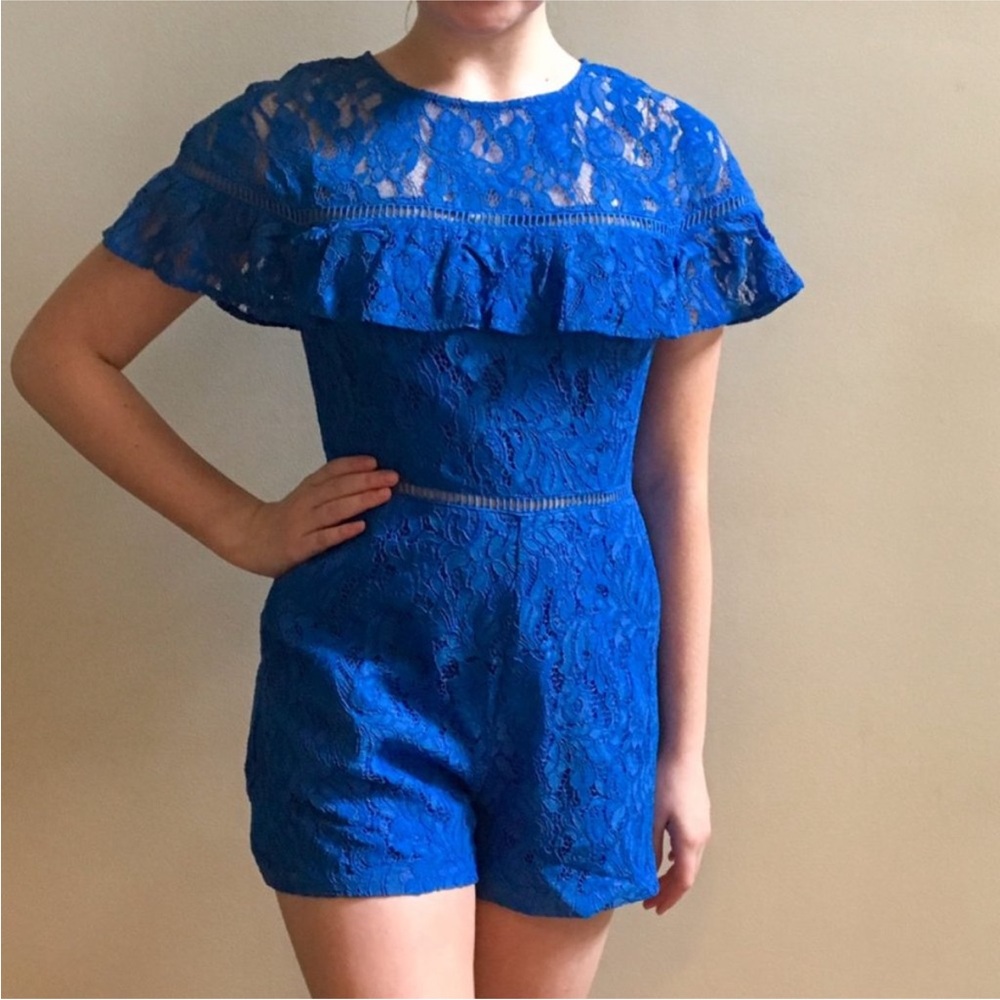 NWOT Dee Elly Elegant Royal Blue Lace Jumpsuit Romper Ruffle Detail